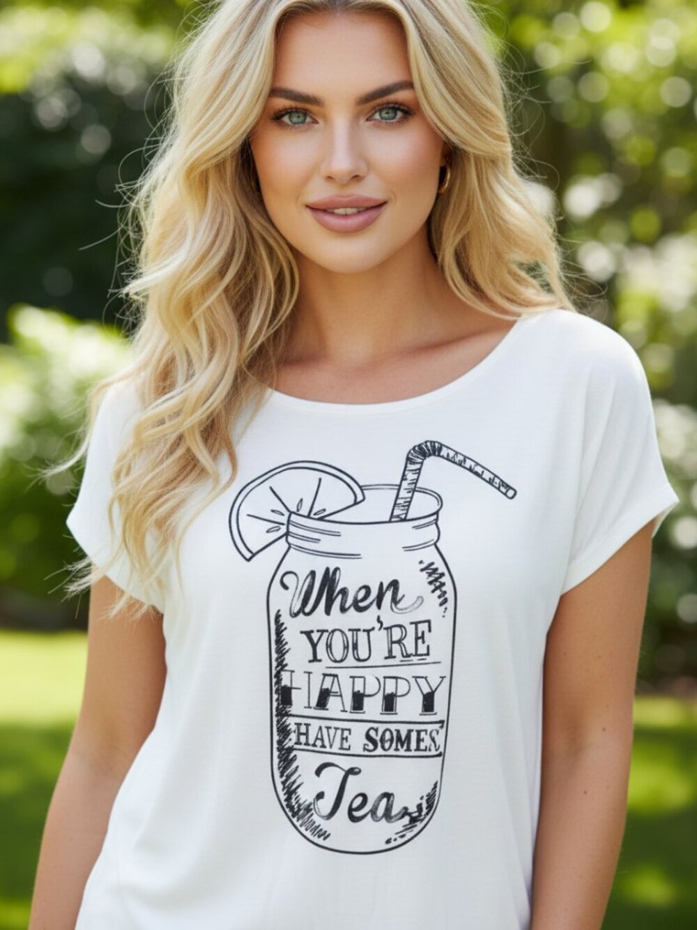 Casual womens white tee shirt with graphic. summer fun